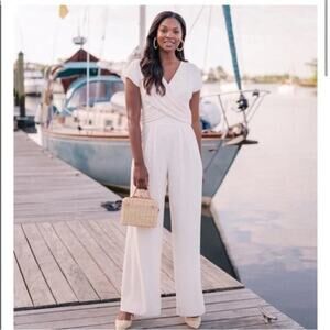 GAL MEETS GLAM Delaney Cream Crossover Wrap Bodice Jumpsuit Size 0 Bridal